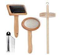 Hfourhnik 4Pcs Wooden Wool Carder,Slicker Brush Wood -Tool Felting Tool Kit with 12Pcs Craft Wool Needle for Yarn Blending