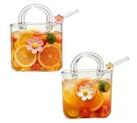 HFSAZJ Glass Purse for Drinks with Straw, Wine Cup Purse Bag Shape Wine Glasses, Drinking Mug for Juice Tea Coffee Cocktails Fish Tank Flowers Vase (Pink+White 2pcs)