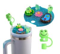 HFSAZJ Name Plate for Stanley Cup Lid Accessories, Cute Animal Pond Luminous with Silicone Straw Cover Cap for Stanley Tumblers 40oz, for Stanley Cup Lid Accessories (frog)