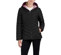 HFX Women's Short Lightweight Quilted Jacket Zipper Front Pockets Hood 25" Packable Puffer Coat, Black, L