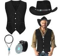 HFZCV 4 Pcs Western Outfits for Men Cowboy Suede Leather Vest Boho Turquoise Hat Bolo Tie Belt for Halloween Costume for Men Hippie Disco Party (XL)