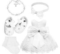 HFZCV 5 Pcs 6-12 Months Baby Girl Baptism Outfit Includes Lace Christening Dresses Bowknot Headwear Cross Charm Bracelet Socks Shoes