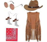 HFZCV 5 PCS Cowgirl Outfits for Women Western Costume Accessories Cowboy Hat Tassels Fringe Vest Earring Hippie Glasses Bandana for Hippie Disco Party Halloween Party Cosplay (Brown, XXL)