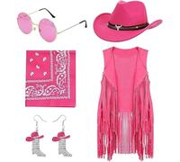 HFZCV 5 PCS Cowgirl Outfits for Women Western Costume Accessories Cowboy Hat Tassels Fringe Vest Earring Hippie Glasses Bandana for Hippie Disco Party Halloween Party Cosplay (Rose red, M)