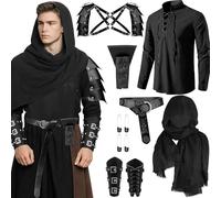 HFZCV 7 Pcs Men's Renaissance Costume Set Viking Shawl Medieval Pirate Shirt Belt Sword Bag Armor Shoulder for Cosplay (L)