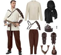 HFZCV 8 Pcs - Halloween Men's Renaissance Costume Set Medieval Viking Shirt Pant Belt Cape Bracer Sword Bag For cosplay (S)