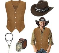 HFZCV Men's Western Cowboy Hat with Suede Leather Vest, Belt Buckle & Necktie - 4 Pcs Wide Brim Faux Felt Cowgirl Hats Accessory Set for Men - Classic Outdoor Rodeo Fedora Hat(L,Brown)