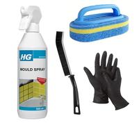 HG Mould Spray 500ml Cleaning Bundle - Fast Mildew & Stain Remover for Bathroom Tiles, Grout, Damp Walls & Windows | Includes Crevice Brush, Scrubbing Sponge Brush & Protective Nitrile Gloves