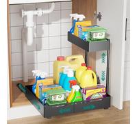 HG PLVTII Adjustable Under Sink Storage Organiser - 2 Tier Metal Cupboard Rack, Width & Height Expandable, Ball Bearing Slides Pull-Out Shelf for Kitchen, Bathroom, Laundry, Pantry (1 Pack, Black)