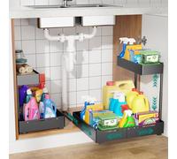 HG PLVTII Adjustable Under Sink Storage Organiser - 2 Tier Metal Cupboard Rack, Width & Height Expandable, Ball Bearing Slides Pull-Out Shelf for Kitchen, Bathroom, Laundry, Pantry (2 Pack, Black)