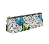 Hgbbdyyjj Blue Butterfly Green Butterfly and Stone Personalised Printed Multi-Functional Large Capacity Triangular Leather Stationery Storage Bag