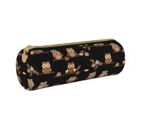 Hgbbdyyjj Cute Brown Cartoon Owls Personalised Printed Multi-Functional Large Capacity Round Leather Stationery Storage Bag