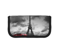 Hgbbdyyjj Red Car in Front of The Eiffel Tower Extra Large Canvas Pencil Case - Dual Zipper Makeup & Stationery Organizer Bag