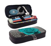 Hgbbdyyjj Teal Gray Rose Flowerpersonalised Large Capacity Multifunctional Leather Flap Pencil Case Cosmetic Bag Soft and Stain Resistant