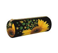 Hgbbdyyjj Weed with Sunflower Personalised Printed Multi-Functional Large Capacity Round Leather Stationery Storage Bag