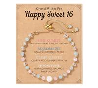 HGDEER Natural Crystal Bracelet 13th 16th Birthday Gifts for Girls - Rose Quartz Moonstone Aquamarine Healing Stones Jewelry with Meaning Card for Daughter Granddaughter, One Size, no gemstone