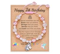 HGDEER Unicorn Birthday Gifts for Girls, Adjustable Pink Pearl Unicorn Charm Bracelet for Girls Daughter Granddaughter Niece, 5.5 Inch, Stainless Steel, Stone, no gemstone