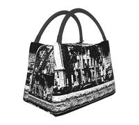 HGFDSAPOIK Black and White Silhouette Building Insulated Lunch Bag with Aluminum Foil Lining – Lightweight Reusable Cooler Tote with Full-Print Design for Work, Gym, Outdoor & Travel