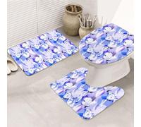 HGFDSAPOIK Periwinkle Blue Flowers Flannel Non-Slip Bathroom Carpet 3-Piece Set Absorbent Padded Floor Mat With U-Shaped Toilet Seat And Round Cover, Dot Printed Backing Is Easy To Clean.