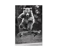HGFH5TD Bear Skateboarding, Funny Animal, on Skateboard,Black & White Photography Vintage Wall Decoration Famous Oil Paintings for Living Room Classic Artwork Pictures Home Decor 20x30inch(50x75cm)