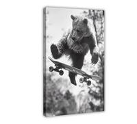 HGFH5TD Bear Skateboarding, Funny Animal, on Skateboard,Black & White Photography Vintage Wall Decoration Famous Oil Paintings for Living Room Classic Artwork Pictures Home Decor 24x36inch(60x90cm)