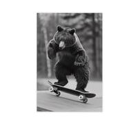 HGFH5TD Bear Skateboarding, Funny Animal, on Skateboard,Black & White Photography Vintage Wall Decoration Famous Oil Paintings for Living Room Classic Artwork Pictures Home Decor 20x30inch(50x75cm)