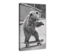 HGFH5TD Bear Skateboarding, Funny Animal, on Skateboard,Black & White Photography Vintage Wall Decoration Famous Oil Paintings for Living Room Classic Artwork Pictures Home Decor 24x36inch(60x90cm)