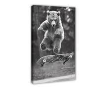 HGFH5TD Bear Skateboarding, Funny Animal, on Skateboard,Black & White Photography Vintage Wall Decoration Famous Oil Paintings for Living Room Classic Artwork Pictures Home Decor 24x36inch(60x90cm)