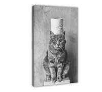 HGFH5TD Cat With A Toilet Paper Roll on Head, Bathroom, Vintage Animal Photo, Vintage Wall Decoration Famous Oil Paintings for Living Room Classic Artwork Pictures Home Decor 20x30inch(50x75cm)