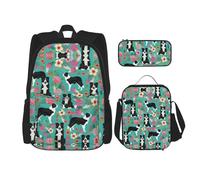 Hgfvy Border Collie Florals Lightweight Backpack For Backpack With Insulated Lunch Tote And Pencil Case Bag Set, Black, One Size