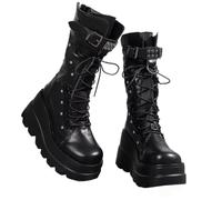 HGFYE Women Gothic Platform Mid Calf Combat Boots Pu Round Toe High Heels