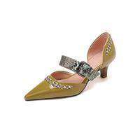 HGFYE Women's Heeled Sandals Pointed Studded Beaded Pumps Snake Print Straps Buckle Kitten Heels Closed Toe Stiletto Summer Shoes for Party Workplace Dinner Dating Casual 1.57IN Green