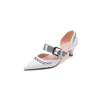 HGFYE Women's Heeled Sandals Pointed Studded Beaded Pumps Snake Print Straps Buckle Kitten Heels Closed Toe Stiletto Summer Shoes for Party Workplace Dinner Dating Casual 1.57IN White