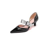 HGFYE Women's Heeled Sandals Pointed Studded Beaded Pumps Snake Print Straps Buckle Kitten Heels Closed Toe Stiletto Summer Shoes for Party Workplace Dinner Dating Casual 1.57IN Black
