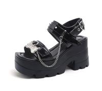 HGFYE Womens Platform Sandals Gothic High Heels Wedge Chunky Hollow Open Toe Chain Love Bukle Block Punk Summer Pumps Shoes for School Party Business Work Dance Date Black 3.93 IN