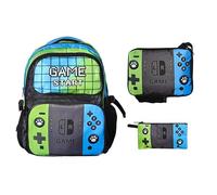 HGG 3pcs School Backpack for Boys 17”Kids Gamer Bookbag with Lunch Box&pencil case for Children Elementary Middle Students, Blue, L, Cool