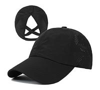 HGGE Womens Criss Cross Ponytail Baseball Cap Adjustable High Messy Bun Ponycap Quick Drying Hat, Black, One Size