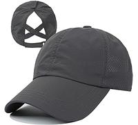 HGGE Womens Criss Cross Ponytail Baseball Cap Adjustable High Messy Bun Ponycap Quick Drying Hat, Dark Grey, One Size