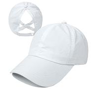HGGE Womens Criss Cross Ponytail Baseball Cap Adjustable High Messy Bun Ponycap Quick Drying Hat, White, One Size