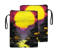 HGGJFLYX Book Sleeve for Readers,Waterproof Book Cover with Zipper Handle & Front Pocket,Fits Hardback & Paperback,Bible & Journal Pouch,Perfect Gift for Book Lovers,Neon Sunset Village