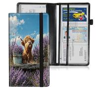 HGGJFLYX Car Registration and Insurance Holder,Leather Car Document Organizer Wallet,Glove Box Storage for License,ID Card, Card Holder,Car Accessories for Women Men,Highland Cow in Lavender Field