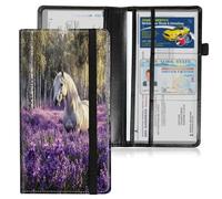 HGGJFLYX Car Registration and Insurance Holder,Leather Car Document Organizer Wallet,Glove Box Storage for License,ID Card, Card Holder,Car Accessories for Women Men,White Horse in Lavender Field