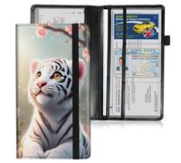 HGGJFLYX Car Registration and Insurance Holder, Leather Car Document Organizer Wallet,Glove Box Storage for License, ID Card, Card Holder, Car Accessories for Women Men,Cherry Blossom White Tiger