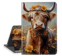 HGGJFLYX Case for iPad 8th/6th/5th Gen 9.7 Inch 2018/2017, PU Leather Folio Cover with Auto Sleep/Wake, Multi-Angle Stand Protective Cover 9.7" for iPad 2018 2017,Flower Crown Highland Cow
