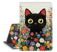 HGGJFLYX Case for iPad Air 11 Inch M3(2025)/M2(2024),PU Leather Folio Cover with Auto Sleep/Wake,Multi-Angle Stand Cover for iPad Air 6th/5th/4th 2025/2024/2022/2020,Black Cat Wildflower Field