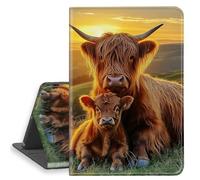 HGGJFLYX Case for iPad mini 7 2024/iPad Mini 6 2021, PU Leather Folio Cover with Auto Sleep/Wake, Multi-Angle Stand Protective Cover 8.3" for iPad A17 Pro 2024,Highland Cow Sunset Meadow