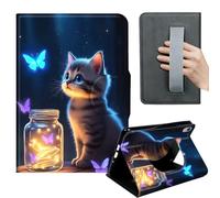 HGGJFLYX Case for iPad mini 7 (A17 Pro) 2024/iPad Mini 6 2021,360 Degree Rotating Multi-Angle Viewing Stand,Hand Strap,Leather Cover for iPad mini 7/6,Auto Sleep/Wake,Kitten Firefly Night