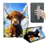 HGGJFLYX Case for iPad Pro 13 Inch 2024/2025,360 Degree Rotating Multi-Angle Viewing Stand,Hand Strap,Leather Cover for iPad Pro 13 Inch 2024/2025,Auto Sleep/Wake,Highland Cow in Daisy Field