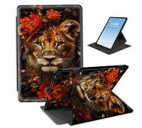 HGGJFLYX Case for Kindle Fire 7 2019/2015/2017 Tablet,360 Degree Rotating Multi-Angle Viewing Stand Fold Leather Tablet Cover 7" for Kindle Fire 7 2019,Auto Sleep/Wake,Lion Red Poppy Floral Crown