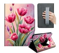 HGGJFLYX Case for Kindle Fire 7/7 Kids (12th Gen, 2022 Release),360 Degree Rotating Multi-Angle Viewing Stand,Hand Strap,PU Leather Tablet Cover,Auto Sleep/Wake,Pink Tulips Bouquet
